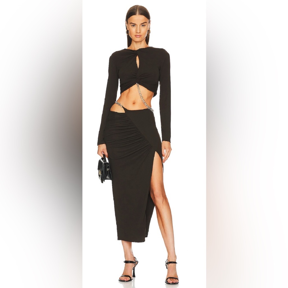 Brown Asymmetrical Midi Skirt with Chain Hardware 
NICHOLAS Size 2 (Worn Once!)